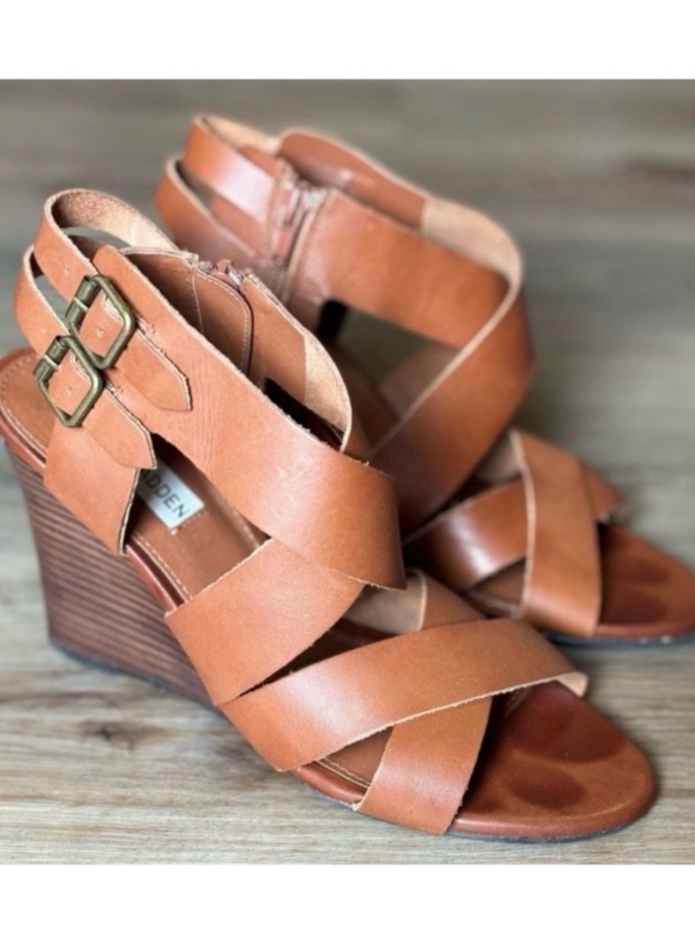 Steve Madden Cityline Cognac Leather Strappy Wedge Sandals Size 7.5